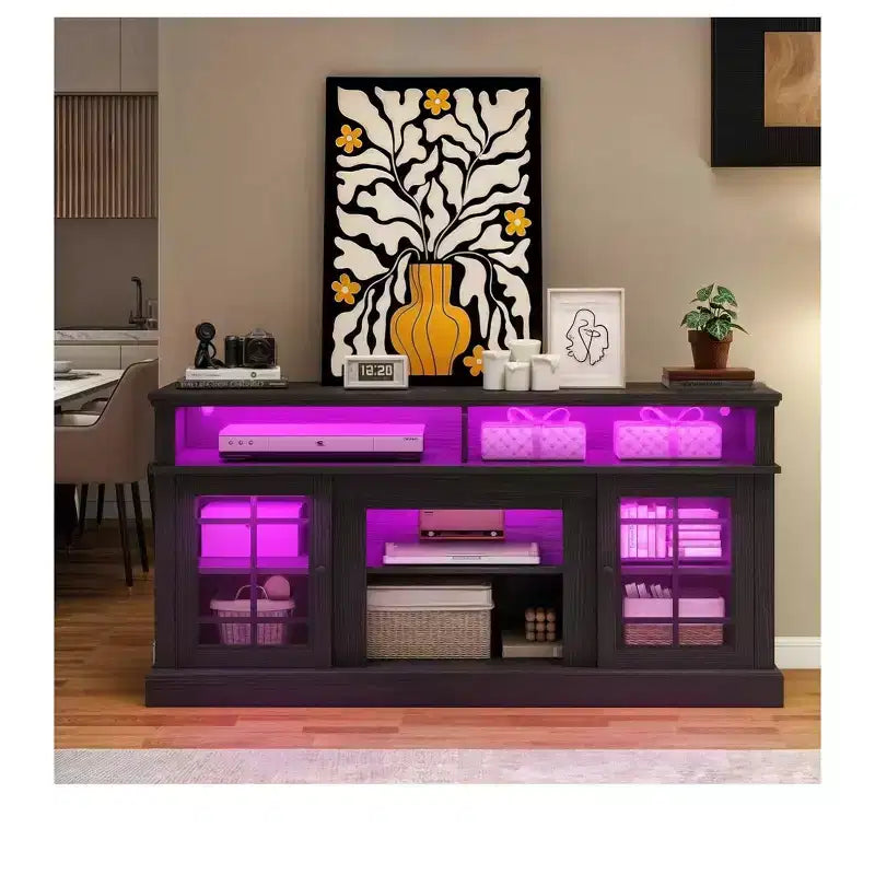 Meuble TV de ferme pour téléviseur de 70 pouces, meuble de divertissement LED avec étagères réglables et portes en verre, table console multimédia pour salon