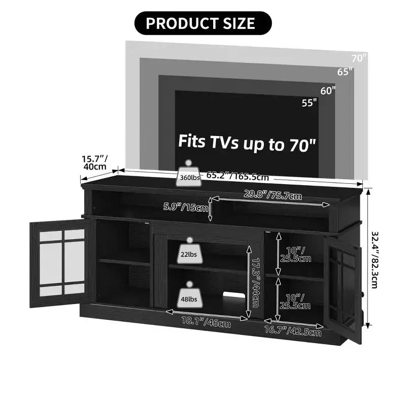 Meuble TV de ferme pour téléviseur de 70 pouces, meuble de divertissement LED avec étagères réglables et portes en verre, table console multimédia pour salon