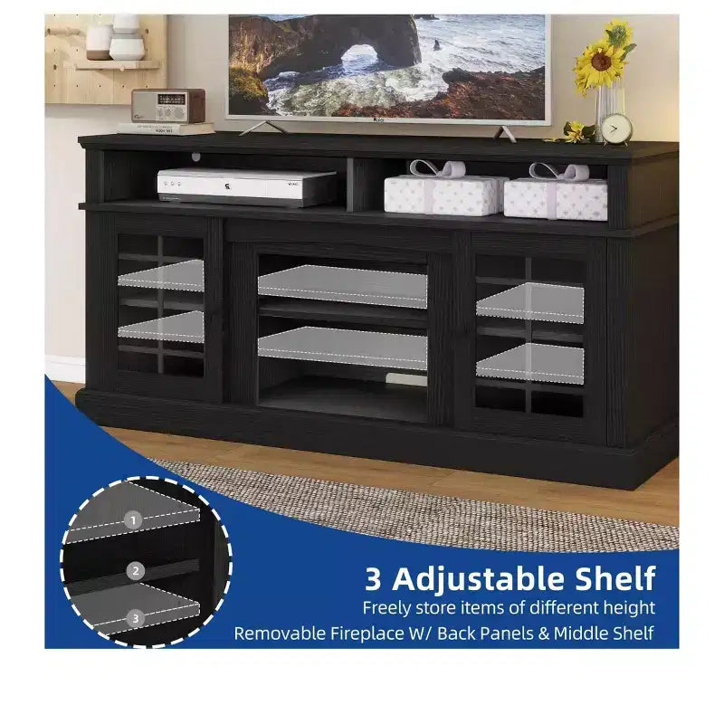 Meuble TV de ferme pour téléviseur de 70 pouces, meuble de divertissement LED avec étagères réglables et portes en verre, table console multimédia pour salon