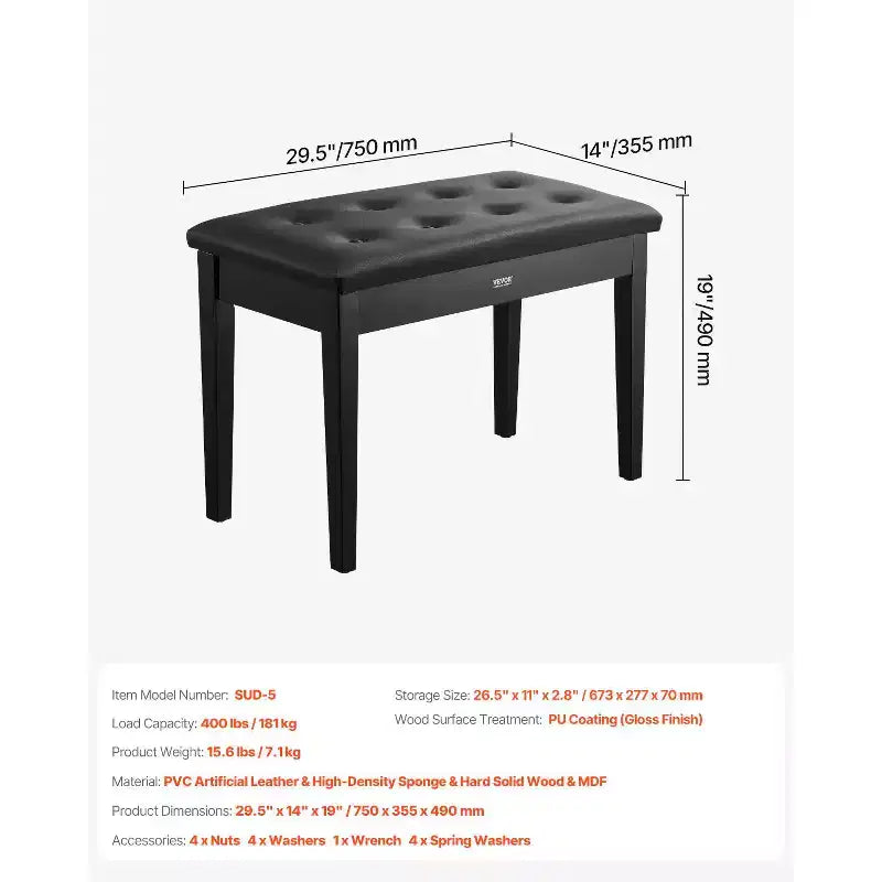 VEVOR Banc de piano, 75 x 35,5 x 48 cm, tabouret de piano double avec coussin rembourré haute densité, compartiment de rangement pour partitions, noir