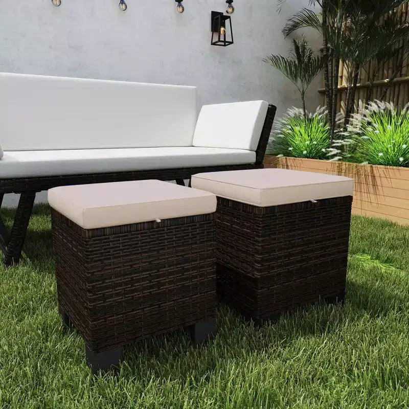 Lot de 2 poufs d'extérieur en osier avec coussins, repose-pieds et table d'appoint en rotin pour patio, bord de piscine