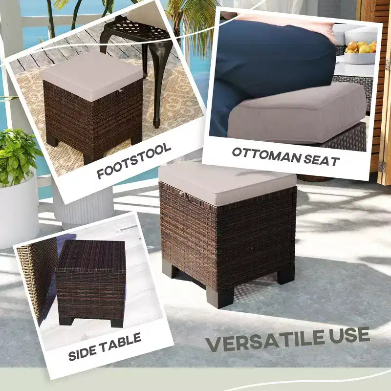 Lot de 2 poufs d'extérieur en osier avec coussins, repose-pieds et table d'appoint en rotin pour patio, bord de piscine