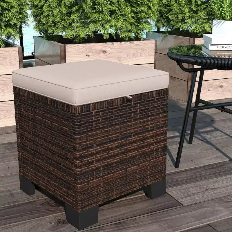 Lot de 2 poufs d'extérieur en osier avec coussins, repose-pieds et table d'appoint en rotin pour patio, bord de piscine