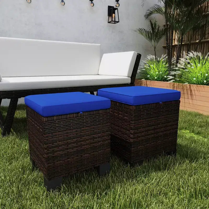 Lot de 2 poufs d'extérieur en osier avec coussins, repose-pieds et table d'appoint en rotin pour patio, bord de piscine