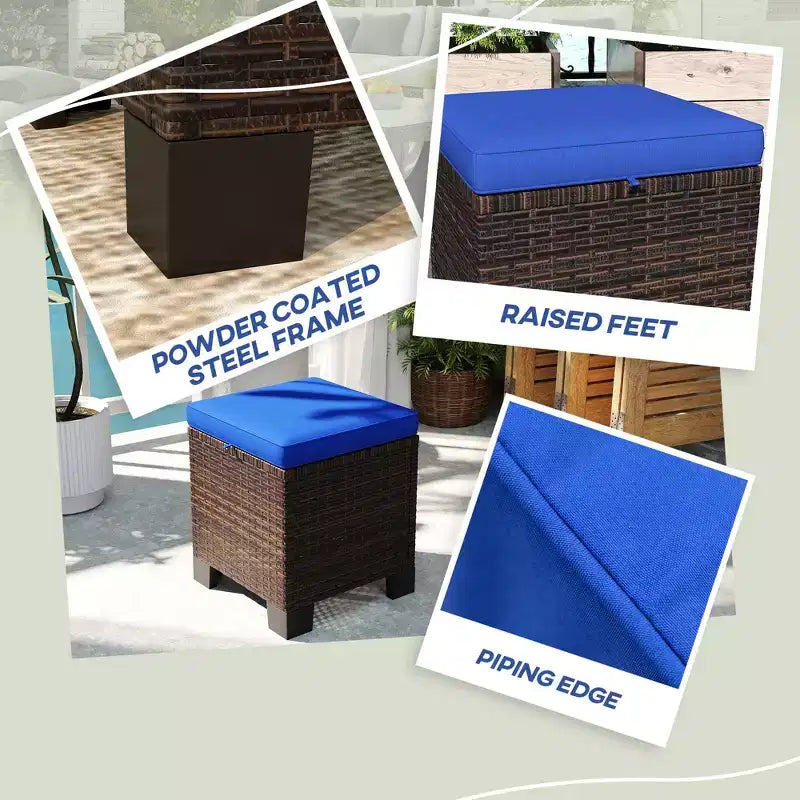 Lot de 2 poufs d'extérieur en osier avec coussins, repose-pieds et table d'appoint en rotin pour patio, bord de piscine