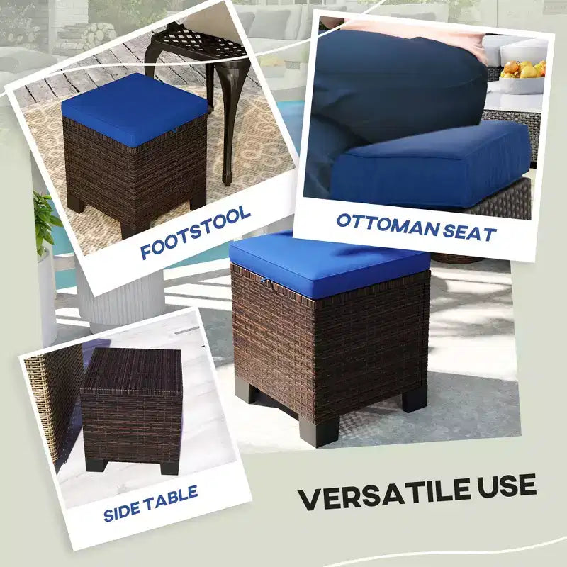 Lot de 2 poufs d'extérieur en osier avec coussins, repose-pieds et table d'appoint en rotin pour patio, bord de piscine