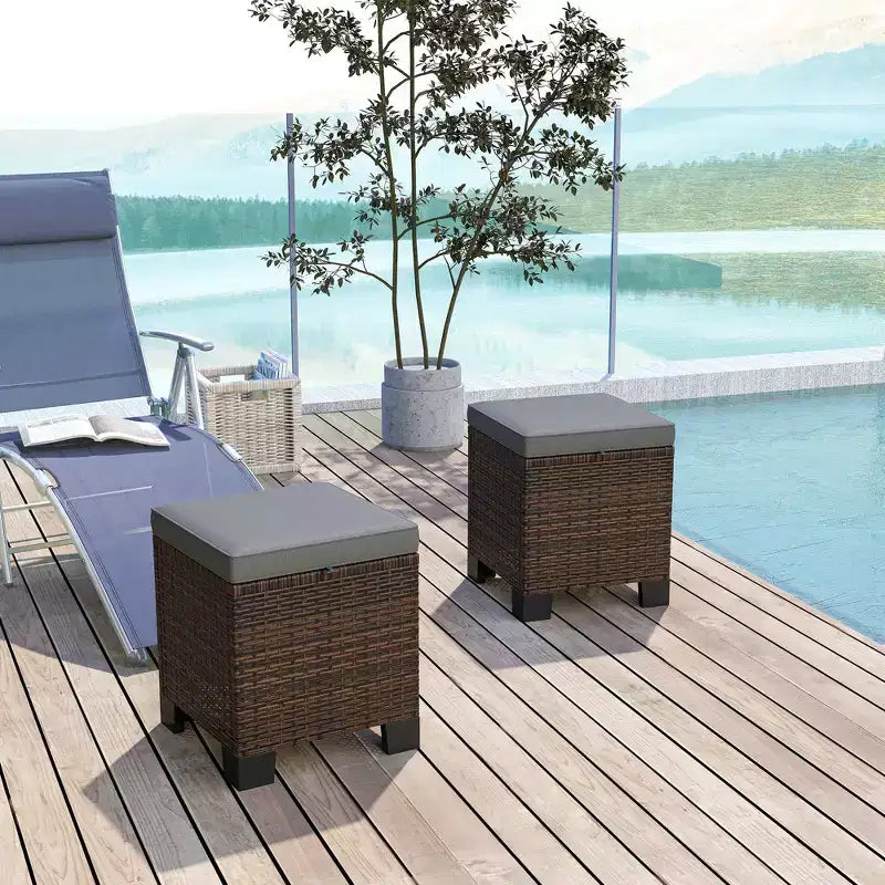 Lot de 2 poufs d'extérieur en osier avec coussins, repose-pieds et table d'appoint en rotin pour patio, bord de piscine