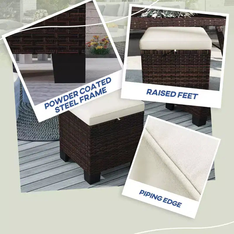 Lot de 2 poufs d'extérieur en osier avec coussins, repose-pieds et table d'appoint en rotin pour patio, bord de piscine