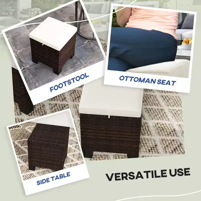 Lot de 2 poufs d'extérieur en osier avec coussins, repose-pieds et table d'appoint en rotin pour patio, bord de piscine