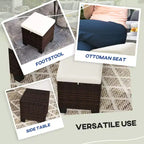 Lot de 2 poufs d'extérieur en osier avec coussins, repose-pieds et table d'appoint en rotin pour patio, bord de piscine