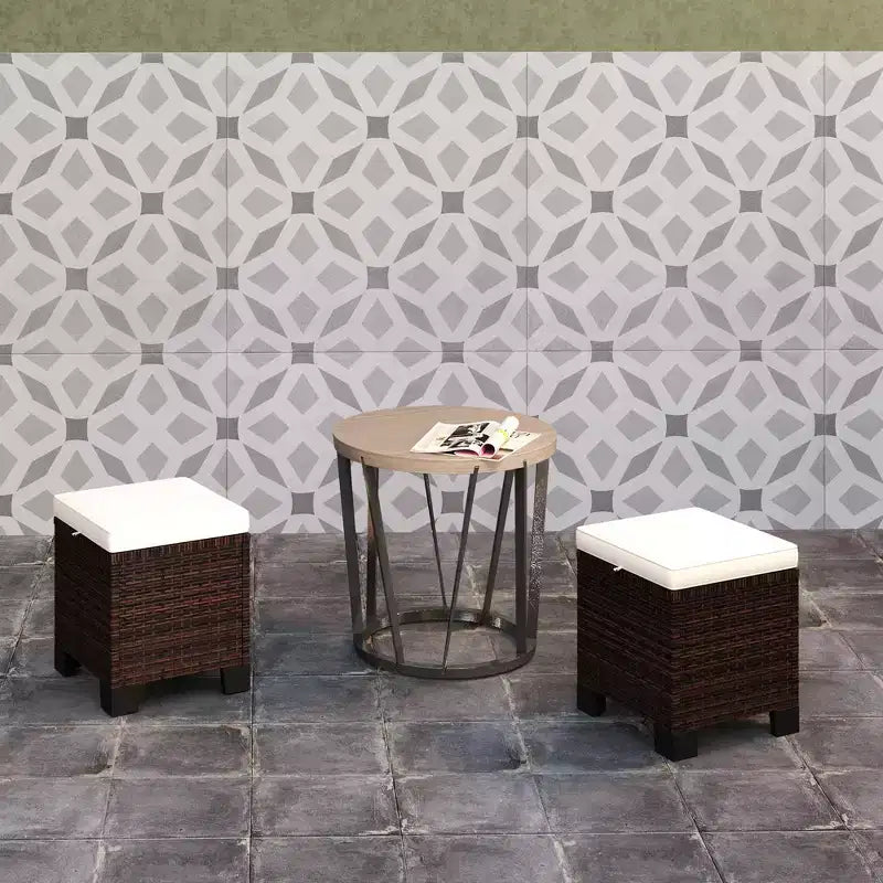 Lot de 2 poufs d'extérieur en osier avec coussins, repose-pieds et table d'appoint en rotin pour patio, bord de piscine