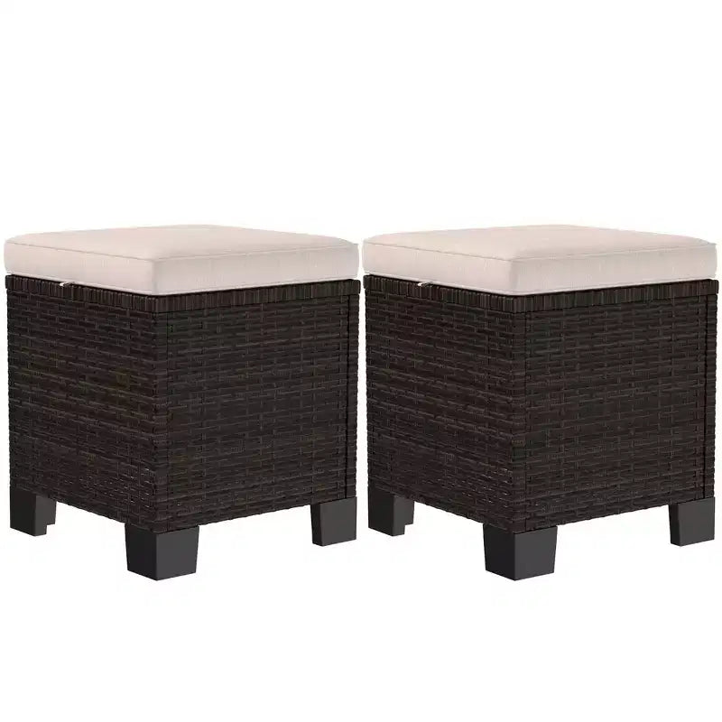 Lot de 2 poufs d'extérieur en osier avec coussins, repose-pieds et table d'appoint en rotin pour patio, bord de piscine