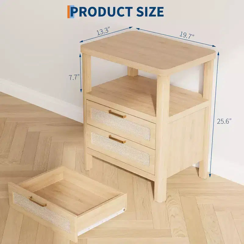 Tables de chevet en rotin, lot de 2, tables de nuit modernes avec 2 tiroirs et étagère ouverte, tables d'appoint en bois pour salon, chambre, bureau