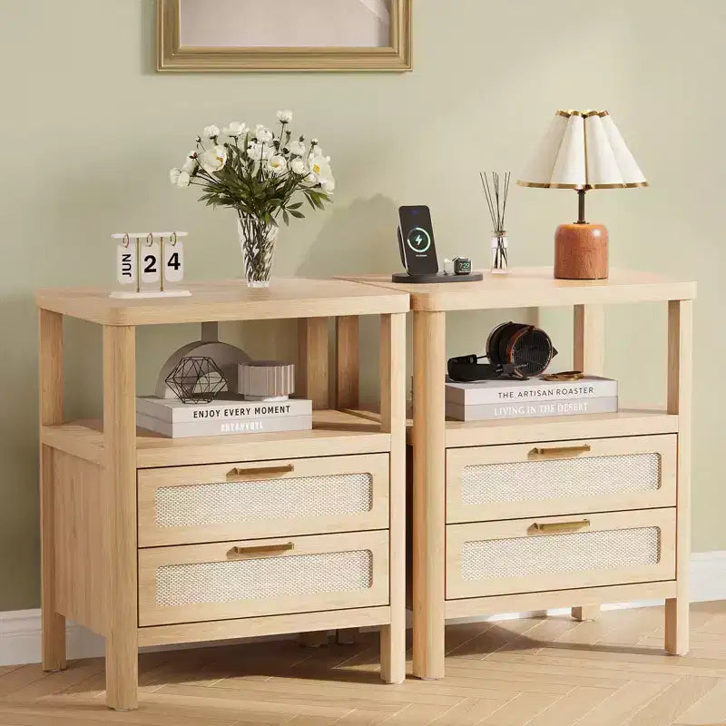 Tables de chevet en rotin, lot de 2, tables de nuit modernes avec 2 tiroirs et étagère ouverte, tables d'appoint en bois pour salon, chambre, bureau