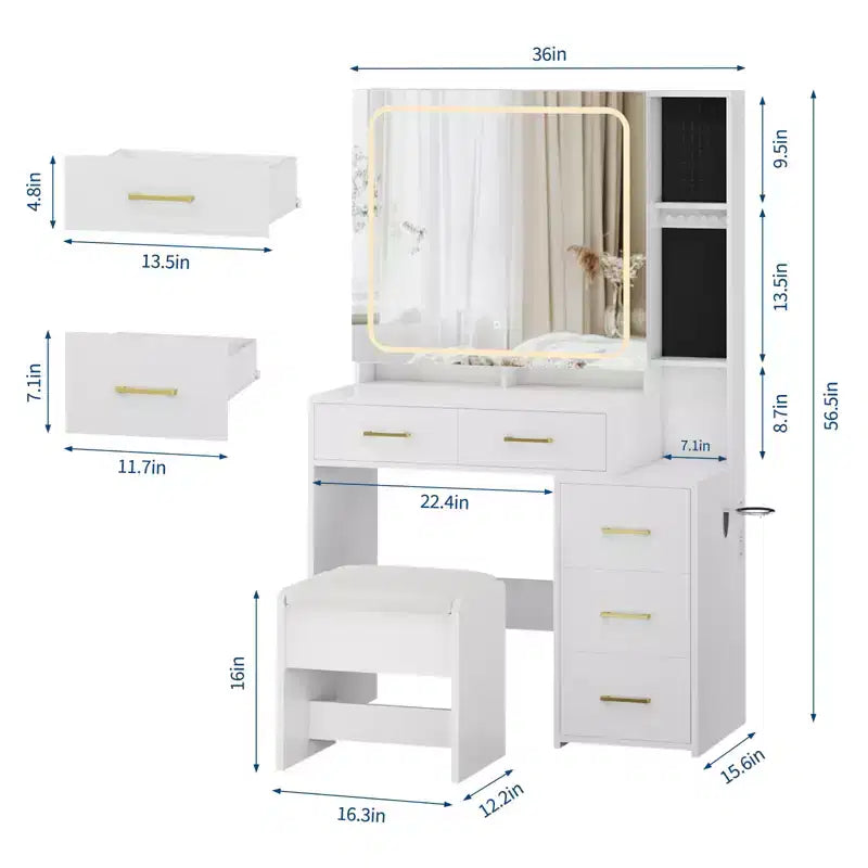 COZONY Coiffeuse avec miroir et lumières, meuble de maquillage avec 5 tiroirs, tabouret et prise électrique, table de coiffure avec éclairage réglable 3 couleurs