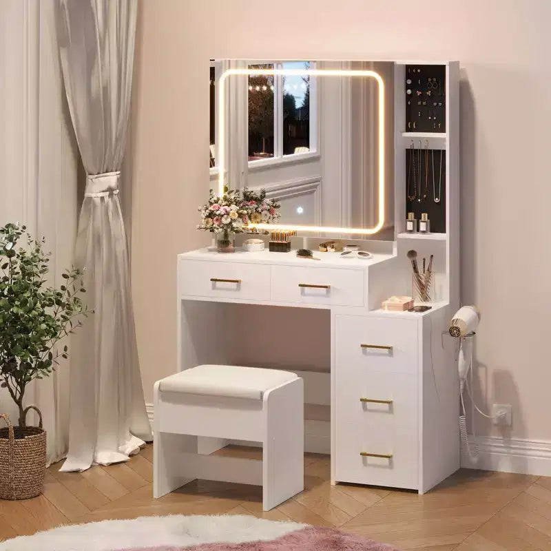 COZONY Coiffeuse avec miroir et lumières, meuble de maquillage avec 5 tiroirs, tabouret et prise électrique, table de coiffure avec éclairage réglable 3 couleurs
