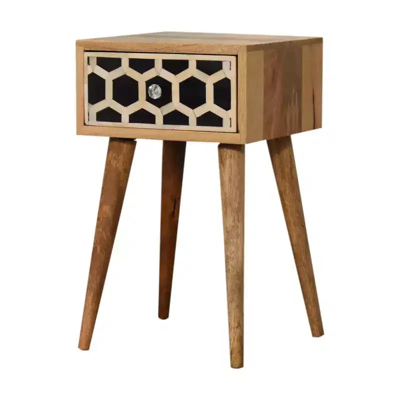 HomeRoots Table de chevet à un tiroir en bois massif incrusté d'os géométrique noir, blanc et marron 20