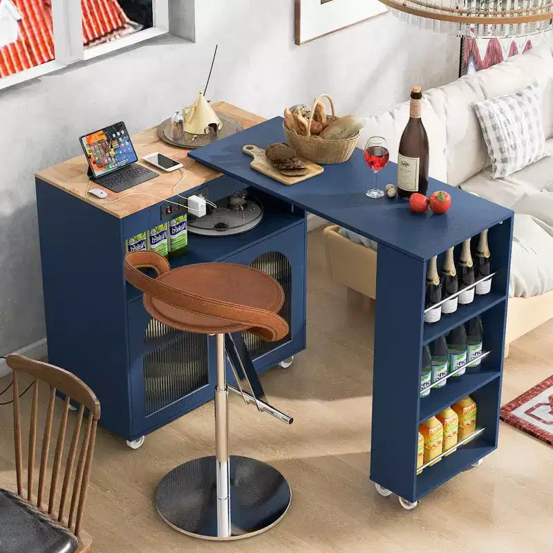 Okak Îlot de cuisine sur roulettes avec 2 portes vitrées, chariot de cuisine avec plateau extensible et prises électriques, îlot de cuisine avec étagères latérales ouvertes