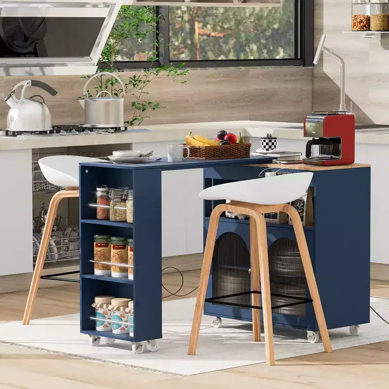 Okak Îlot de cuisine sur roulettes avec 2 portes vitrées, chariot de cuisine avec plateau extensible et prises électriques, îlot de cuisine avec étagères latérales ouvertes