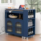 Okak Îlot de cuisine sur roulettes avec 2 portes vitrées, chariot de cuisine avec plateau extensible et prises électriques, îlot de cuisine avec étagères latérales ouvertes