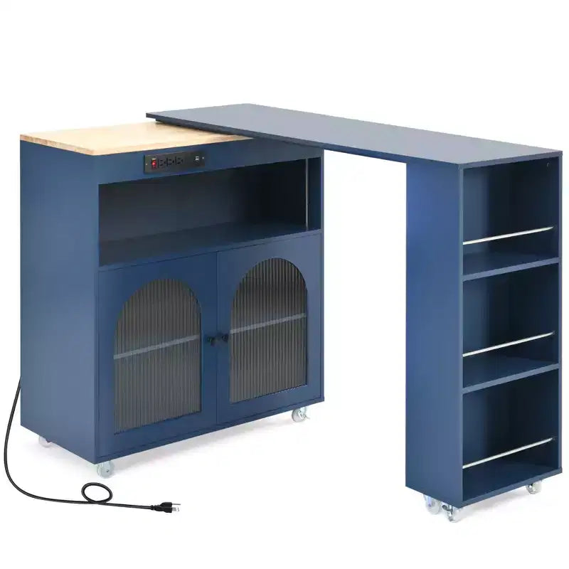 Okak Îlot de cuisine sur roulettes avec 2 portes vitrées, chariot de cuisine avec plateau extensible et prises électriques, îlot de cuisine avec étagères latérales ouvertes