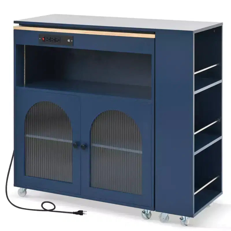 Okak Îlot de cuisine sur roulettes avec 2 portes vitrées, chariot de cuisine avec plateau extensible et prises électriques, îlot de cuisine avec étagères latérales ouvertes