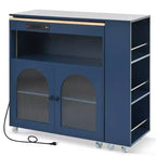 Okak Îlot de cuisine sur roulettes avec 2 portes vitrées, chariot de cuisine avec plateau extensible et prises électriques, îlot de cuisine avec étagères latérales ouvertes
