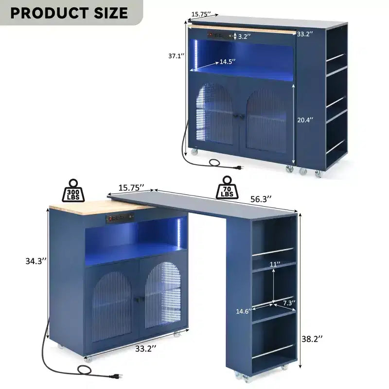 Okak Îlot de cuisine sur roulettes avec 2 portes vitrées, chariot de cuisine avec plateau extensible et prises électriques, îlot de cuisine avec étagères latérales ouvertes