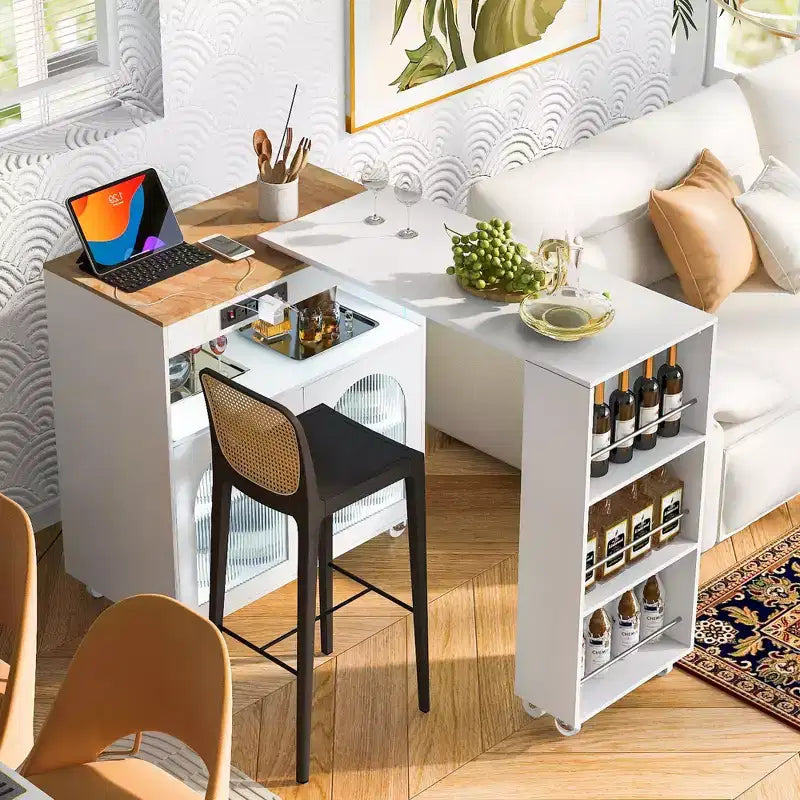 Okak Îlot de cuisine sur roulettes avec 2 portes vitrées, chariot de cuisine avec plateau extensible et prises électriques, îlot de cuisine avec étagères latérales ouvertes