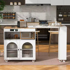 Okak Îlot de cuisine sur roulettes avec 2 portes vitrées, chariot de cuisine avec plateau extensible et prises électriques, îlot de cuisine avec étagères latérales ouvertes