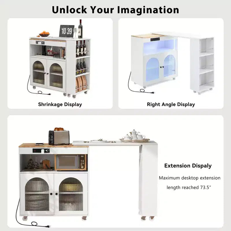 Okak Îlot de cuisine sur roulettes avec 2 portes vitrées, chariot de cuisine avec plateau extensible et prises électriques, îlot de cuisine avec étagères latérales ouvertes