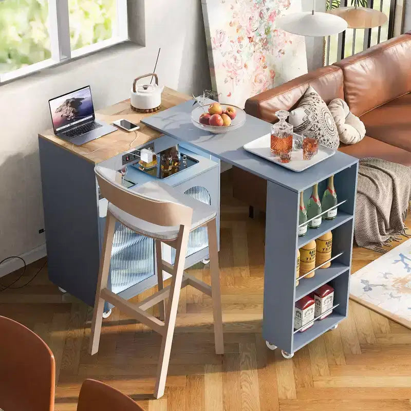Okak Îlot de cuisine sur roulettes avec 2 portes vitrées, chariot de cuisine avec plateau extensible et prises électriques, îlot de cuisine avec étagères latérales ouvertes