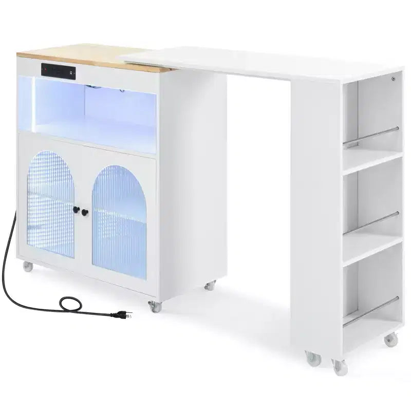Okak Îlot de cuisine sur roulettes avec 2 portes vitrées, chariot de cuisine avec plateau extensible et prises électriques, îlot de cuisine avec étagères latérales ouvertes