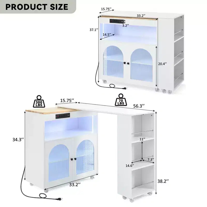 Okak Îlot de cuisine sur roulettes avec 2 portes vitrées, chariot de cuisine avec plateau extensible et prises électriques, îlot de cuisine avec étagères latérales ouvertes