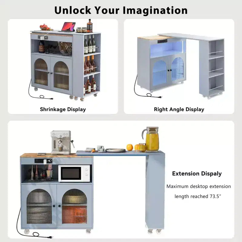 Okak Îlot de cuisine sur roulettes avec 2 portes vitrées, chariot de cuisine avec plateau extensible et prises électriques, îlot de cuisine avec étagères latérales ouvertes