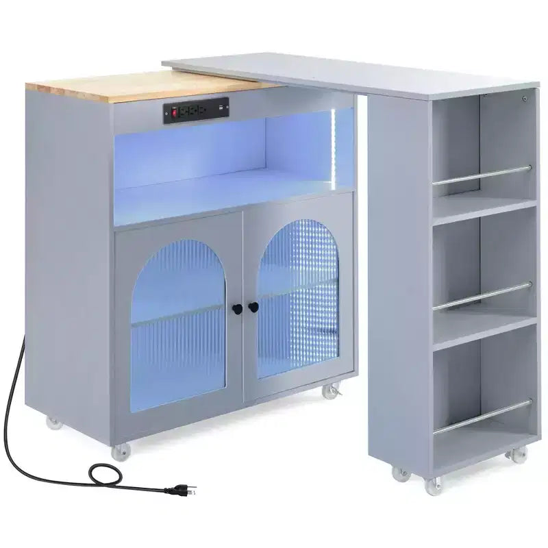 Okak Îlot de cuisine sur roulettes avec 2 portes vitrées, chariot de cuisine avec plateau extensible et prises électriques, îlot de cuisine avec étagères latérales ouvertes