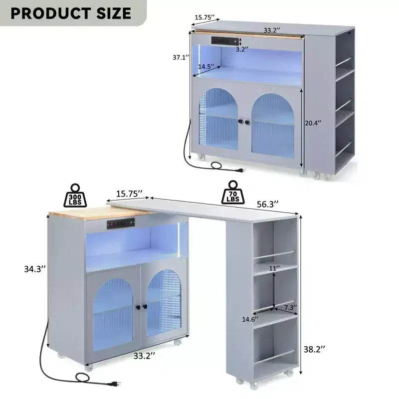 Okak Îlot de cuisine sur roulettes avec 2 portes vitrées, chariot de cuisine avec plateau extensible et prises électriques, îlot de cuisine avec étagères latérales ouvertes