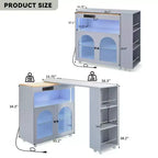 Okak Îlot de cuisine sur roulettes avec 2 portes vitrées, chariot de cuisine avec plateau extensible et prises électriques, îlot de cuisine avec étagères latérales ouvertes