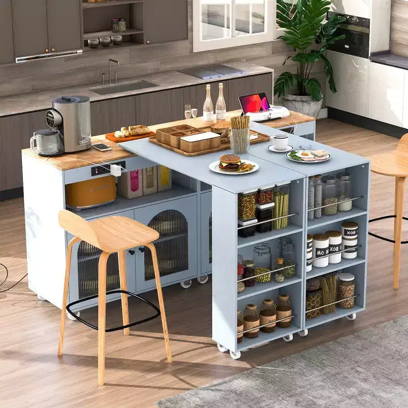 Okak Îlot de cuisine sur roulettes avec 2 portes vitrées, chariot de cuisine avec plateau extensible et prises électriques, îlot de cuisine avec étagères latérales ouvertes