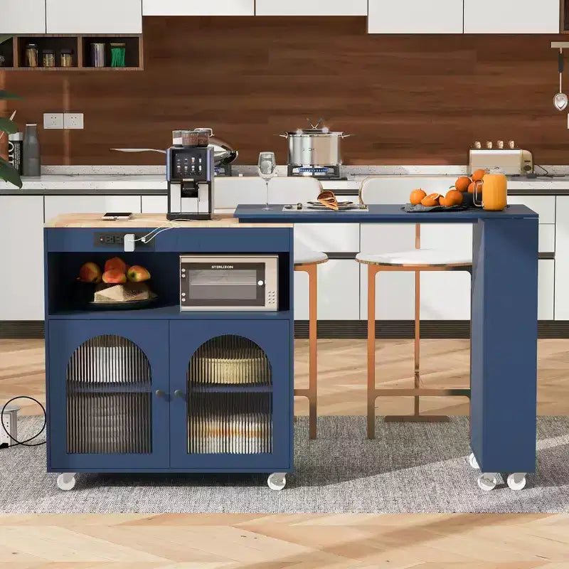 Okak Îlot de cuisine sur roulettes avec 2 portes vitrées, chariot de cuisine avec plateau extensible et prises électriques, îlot de cuisine avec étagères latérales ouvertes
