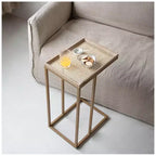 COZAYH Table d'appoint métallique de canapé style ferme en C avec plateau tissé, doré
