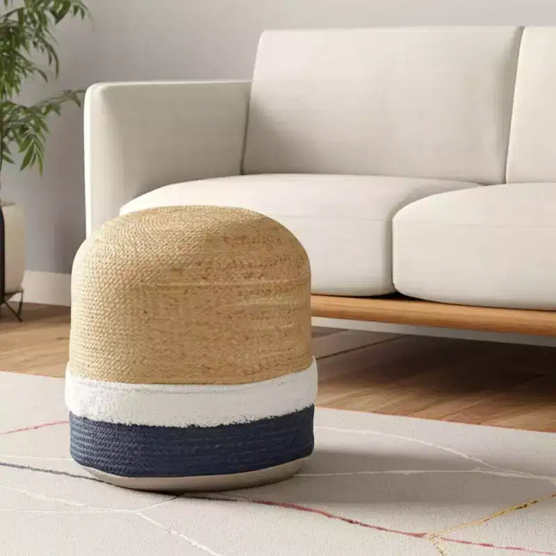 HomeRoots Pouf Ottoman cylindrique rayé en mélange de jute naturel et bleu marine 18