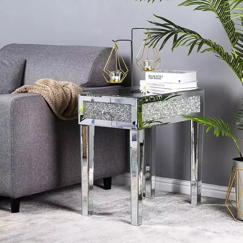 VINGLI Mirrored Narrow End Table Small Sofa/Couch/Bed Side Table with Storage Slim Glass Nightstand