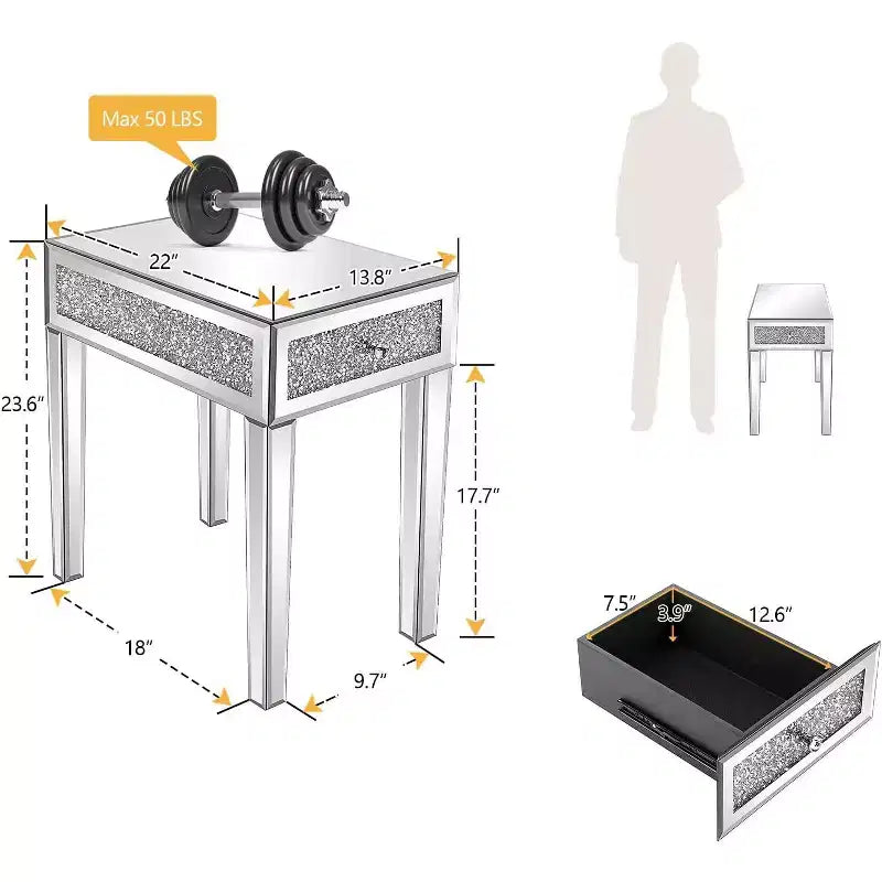 VINGLI Table d'appoint étroite miroir petite table de chevet/canapé/lit avec rangement table de nuit fine en verre