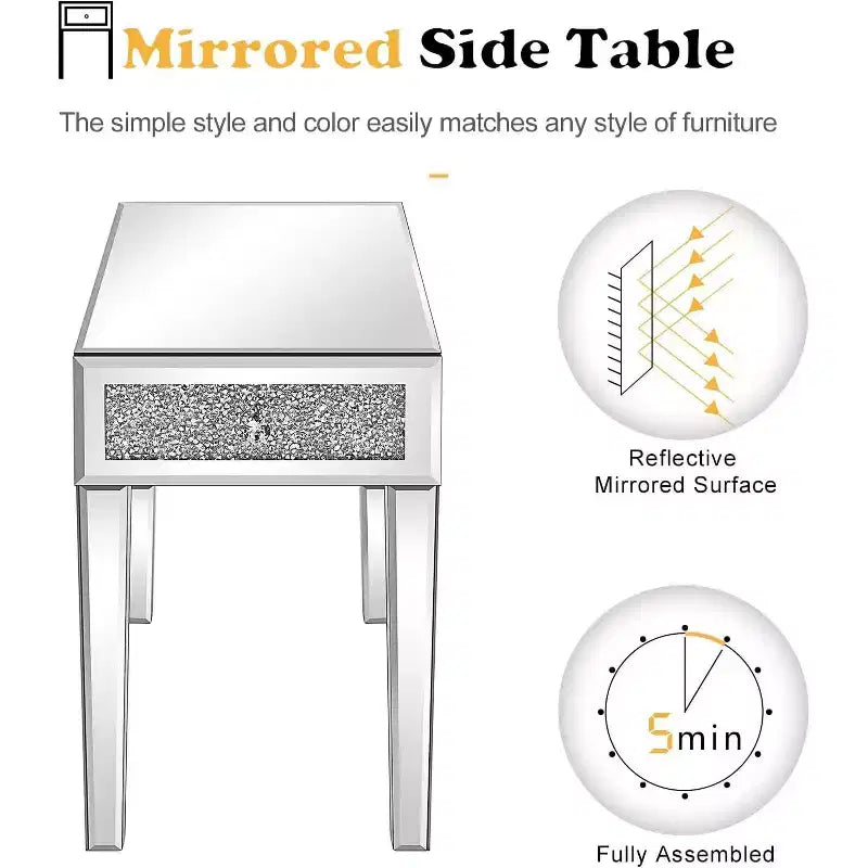 VINGLI Table d'appoint étroite miroir petite table de chevet/canapé/lit avec rangement table de nuit fine en verre