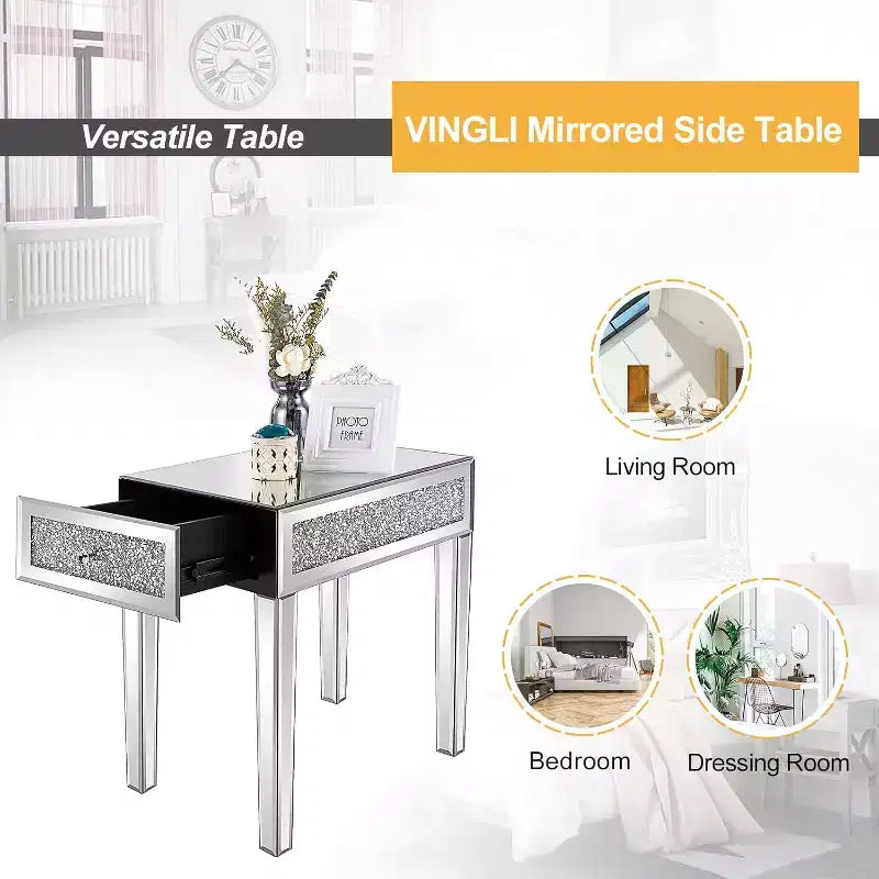VINGLI Table d'appoint étroite miroir petite table de chevet/canapé/lit avec rangement table de nuit fine en verre