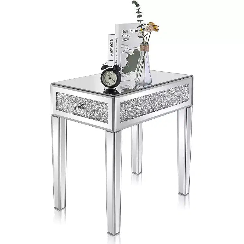 VINGLI Table d'appoint étroite miroir petite table de chevet/canapé/lit avec rangement table de nuit fine en verre
