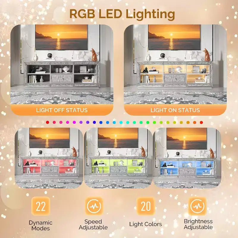 Meuble TV Miroir VINGLI avec Diamants Scintillants et Lumières LED pour TV Jusqu'à 65 Pouces, Meuble TV Moderne Assemblé