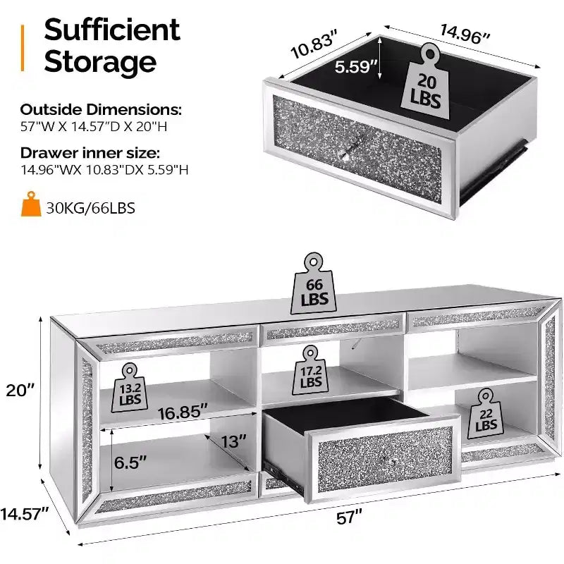 Meuble TV Miroir VINGLI avec Diamants Scintillants et Lumières LED pour TV Jusqu'à 65 Pouces, Meuble TV Moderne Assemblé