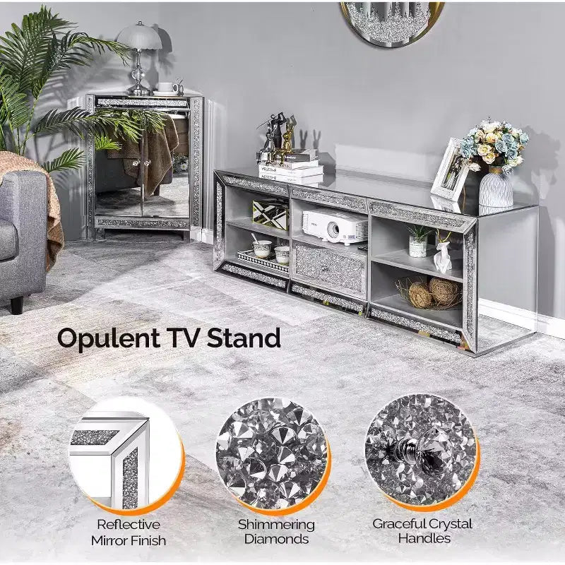 Meuble TV Miroir VINGLI avec Diamants Scintillants et Lumières LED pour TV Jusqu'à 65 Pouces, Meuble TV Moderne Assemblé